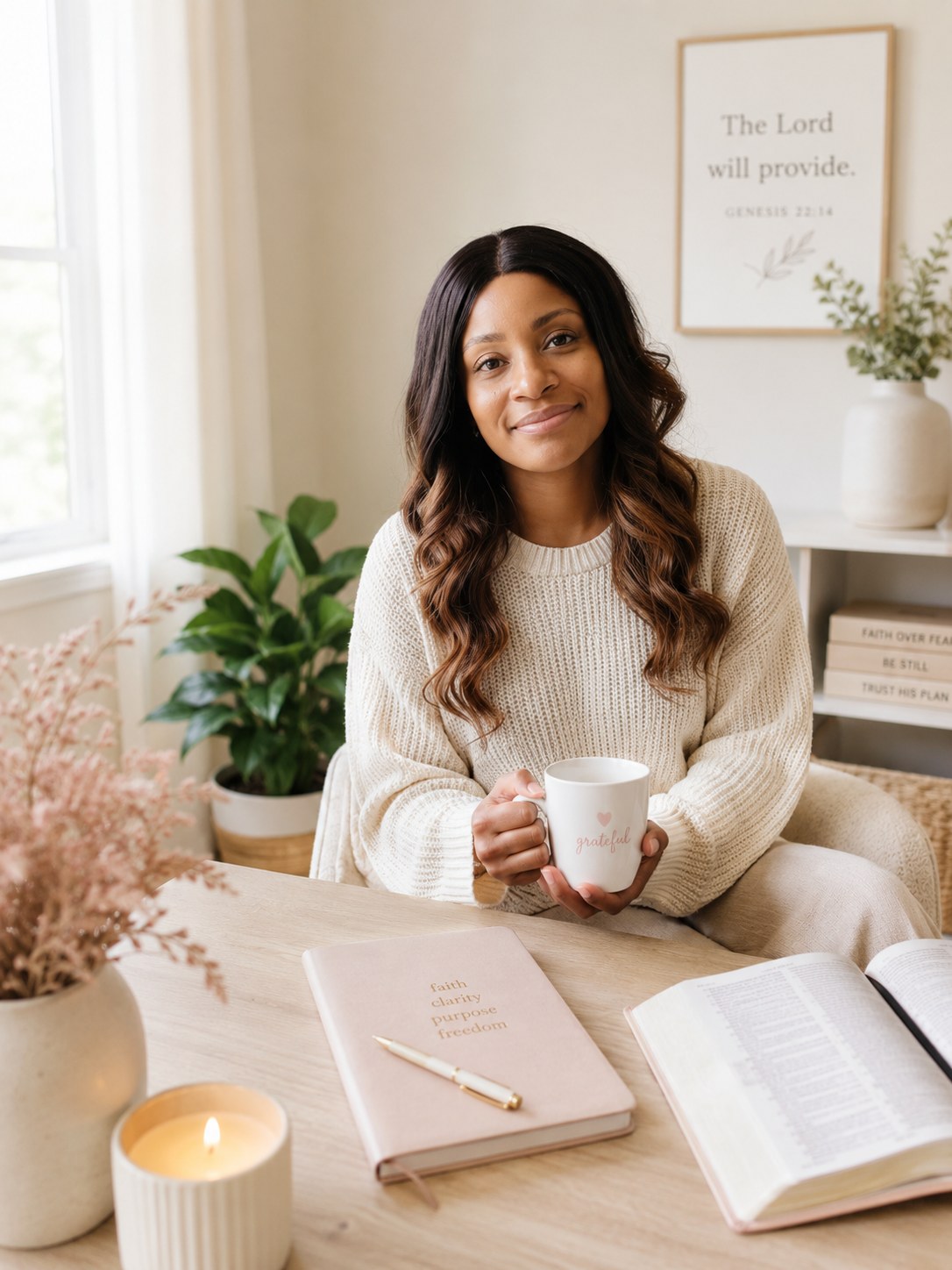 The founder of Path™, a warm smiling mom seated by a sunlit window in a cream sweater.