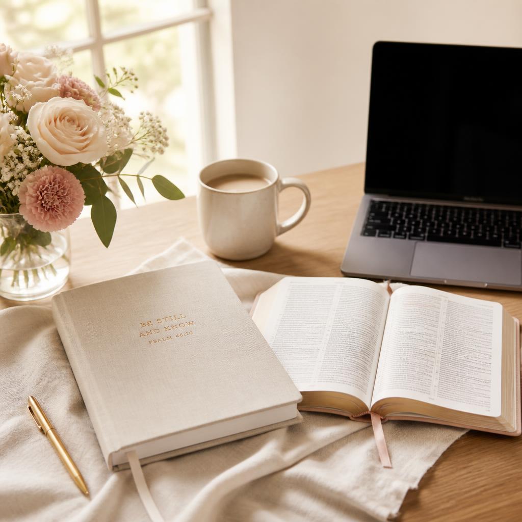 A linen journal, an open Bible, a coffee mug, and a laptop arranged on a warm wood desk beside a sunlit window.
